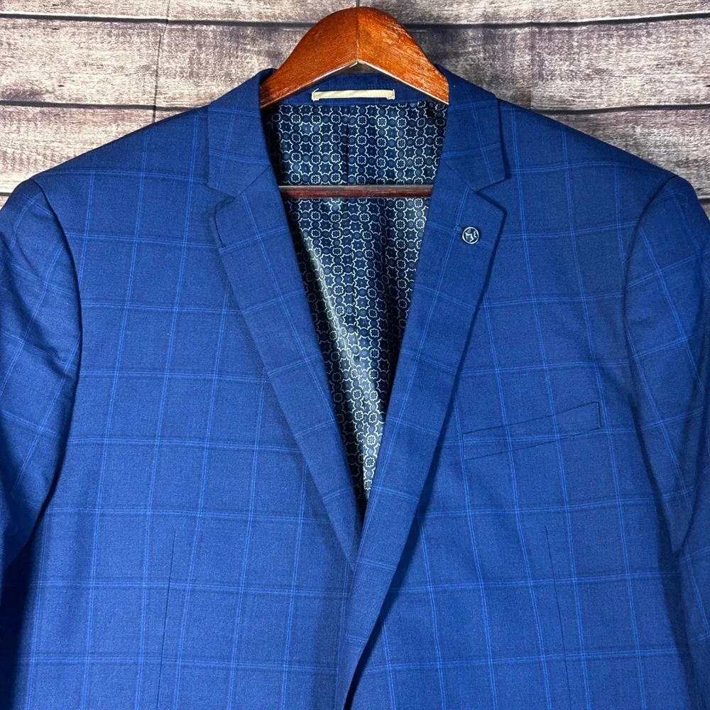 Johnny Bigg Suit Jacket Marine Blue Windowpane Plaid Blazer Size 48 NWT